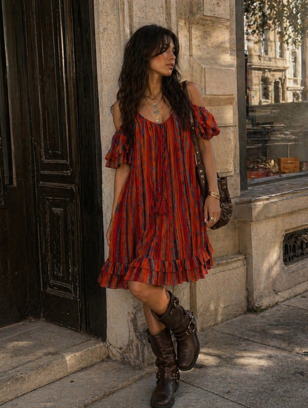 Cold Shoulder Dress Large, Urban Cowgirl Vibes, Girls Night, Orange Turquoise